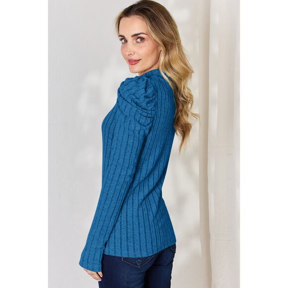 BASIC BAE Blue Ribbed Mock Turtleneck Puff Sleeve Stretchy Top NEW Misses - Picture 2 of 9